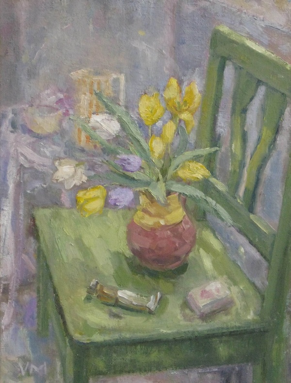 Tulips on Green Chair